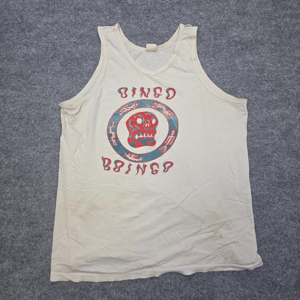 Vintage OINGO BOINGO Rock Tank Adult L White Faded Stained AUTOGRAPHED VATOS